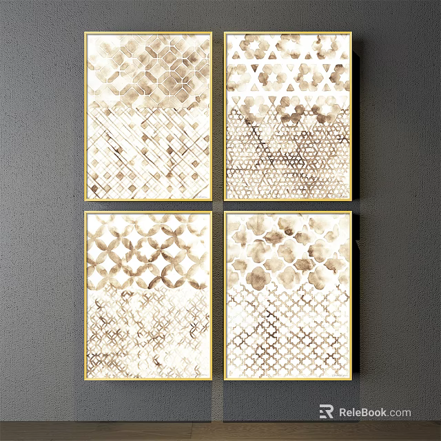 Abstract Paintings Four Pieces With Golden Frames Beige Gold Geometric Patterns Grey Wall Background 3d model