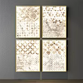 Abstract Paintings Four Pieces With Golden Frames Beige Gold Geometric Patterns Grey Wall Background 3d model