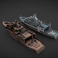 Modern White Red Stripe Ship With Rusted Vintage Vessel And Deck Facilities