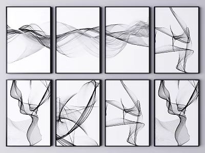 Eight Framed Black And White Abstract Paintings With Flowing Lines Wall Decor 3d model