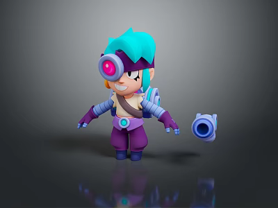 Cartoon 3D Character With Turquoise Hair Eye Lens And Purple Outfit With Mechanical Device 3d model