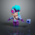 Cartoon 3D Character With Turquoise Hair Eye Lens And Purple Outfit With Mechanical Device