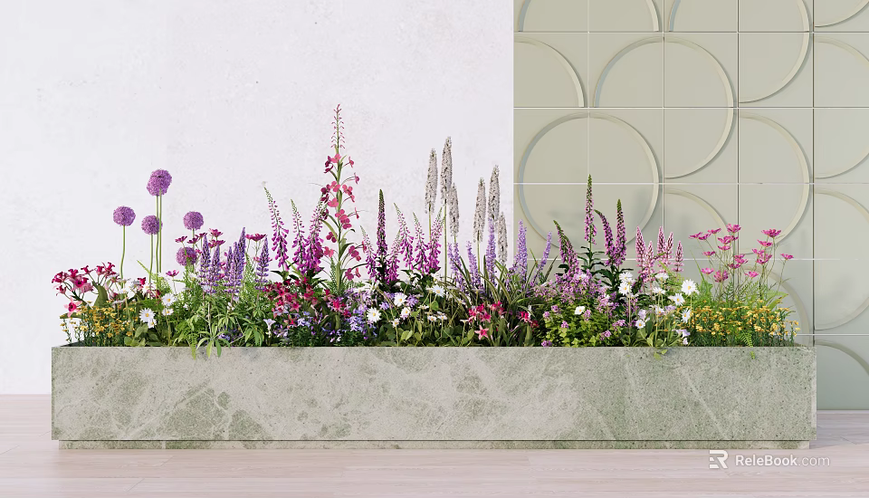 Bonsai Planter With Various Colorful Flowers Purple Pink White Light Wall And Circular Pattern Tiles 3d model 