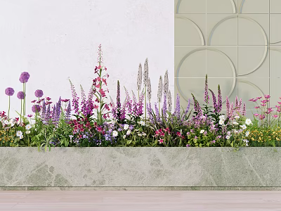 Bonsai Planter With Various Colorful Flowers Purple Pink White Light Wall And Circular Pattern Tiles 3d model