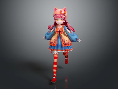 3D Anime Girl Character With Cat Ears Hat Pink Hair And Colorful Outfit 3d model
