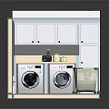 Modern Laundry Room Interior Design With Washing Machines Dryers Cabinets And Sink