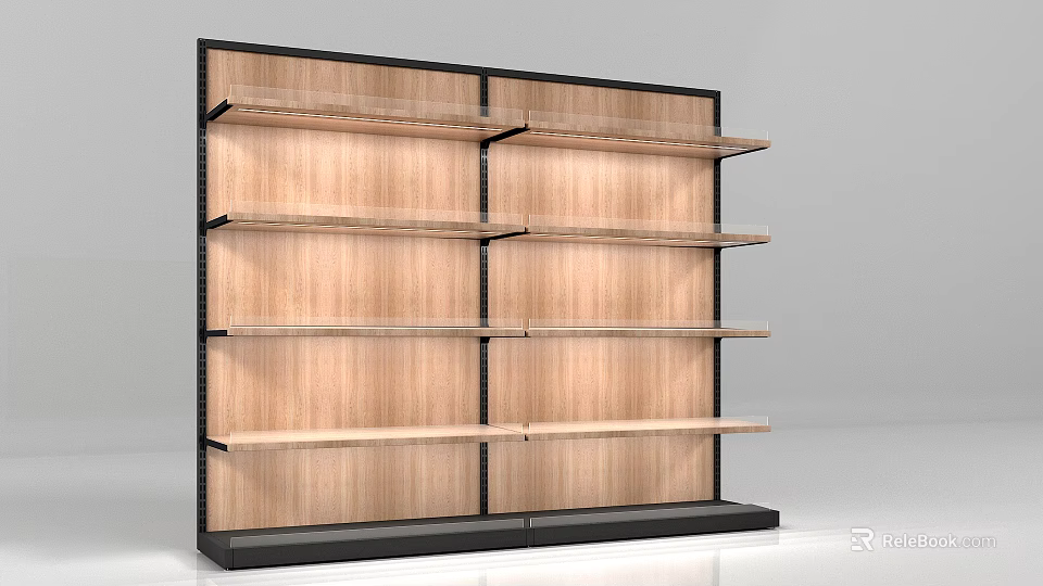 Modern Retail Display Shelf With Multiple Wooden Tiers And Black Metal Frame 3d model 