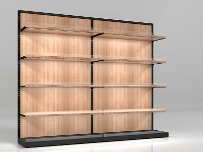 Modern Retail Display Shelf With Multiple Wooden Tiers And Black Metal Frame 3d model