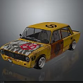 Vintage Yellow Car With Graffiti Art Number 69 And Worn Exterior Design
