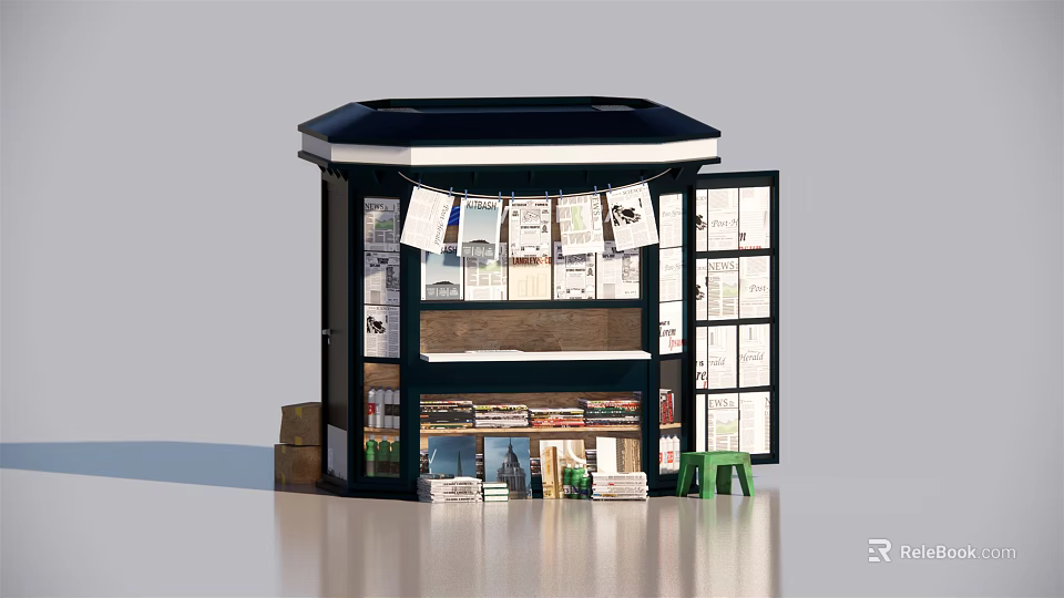 Traditional Street Newsstand Displaying Newspapers Magazines With Black Roof And Green Stool 3d model 