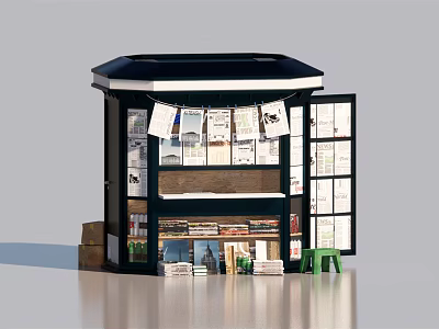 Traditional Street Newsstand Displaying Newspapers Magazines With Black Roof And Green Stool 3d model