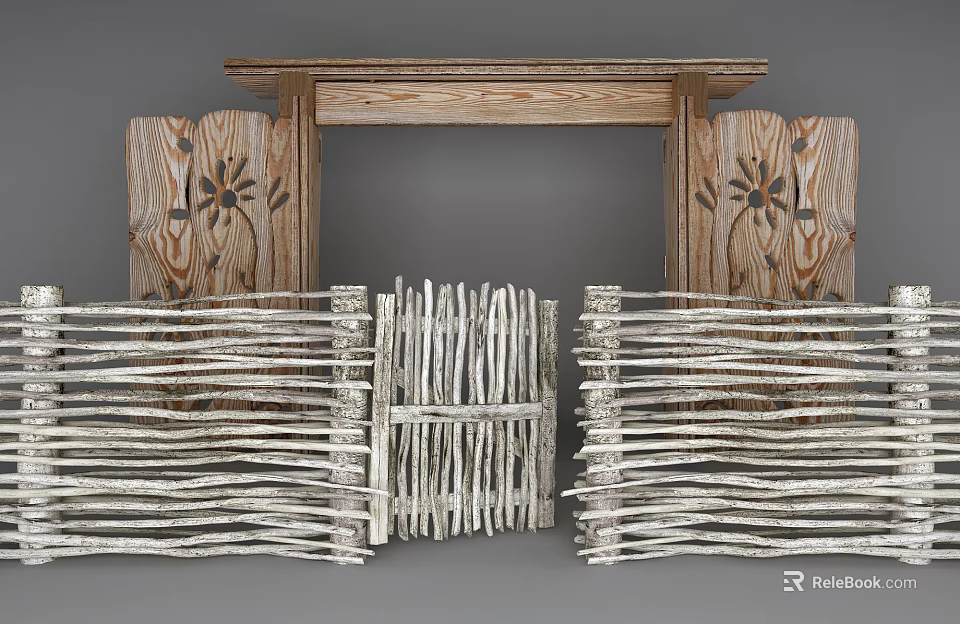 Wooden Garden Fence With Woven Design And Decorative Palm Carvings 3d model 