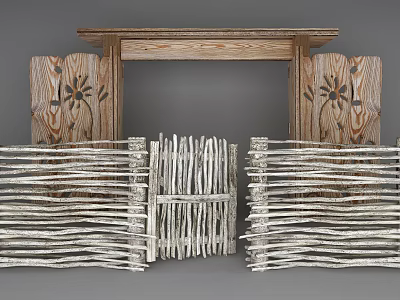 Wooden Garden Fence With Woven Design And Decorative Palm Carvings 3d model
