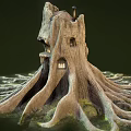 Tree House Architecture In Tree Trunk Structure With Spreading Roots Staircase And Lit Windows