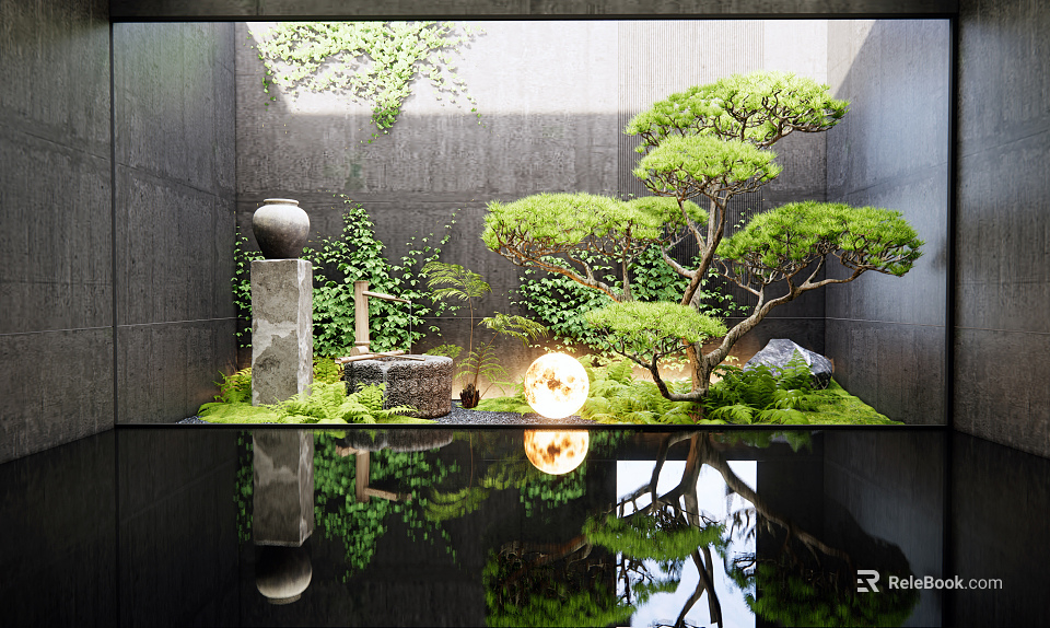 Serene Japanese Zen Garden Feature with Pine Tree Stone Lantern Mossy Stones and Water Reflection 3d model 