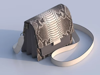 Trendy Silver Gray Snakeskin Design Bag Featuring White Strap And Metallic Hardware 3d model