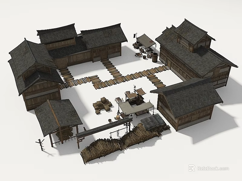 Traditional Ancient Architecture Complex With Wooden Structures Tiled Roofs And Courtyard Layout 3d model