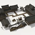 Traditional Ancient Architecture Complex With Wooden Structures Tiled Roofs And Courtyard Layout 3d model
