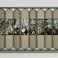 Elegant Multi Panel Screen with Floral Plant Patterns and Green Grid Frame 3d model