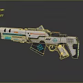Futuristic Sci Fi Weapon With Blue Orange Illuminated Accents And Angular Design Details
