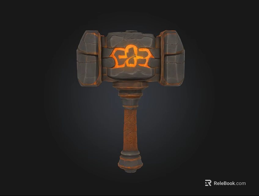 Double Sided Stone Hammer Weapon With Glowing Orange Runes And Wooden Handle 3d model 