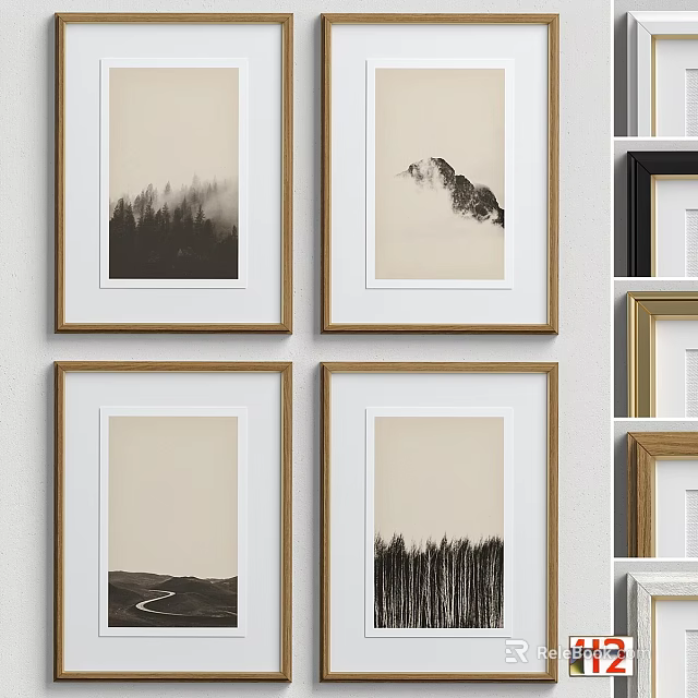 Elegant Four Wall Frames With Black White Nature Prints And Gold Wooden Borders 3d model 