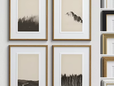 Elegant Four Wall Frames With Black White Nature Prints And Gold Wooden Borders 3d model