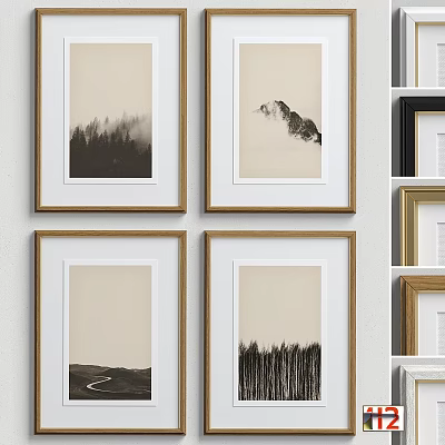Elegant Four Wall Frames With Black White Nature Prints And Gold Wooden Borders 3d model