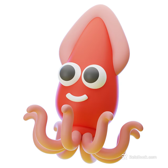 Cute Cartoon Red Squid With Big Eyes Smiling Face And Tentacles 3d model 