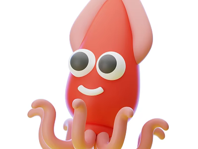 Cute Cartoon Red Squid With Big Eyes Smiling Face And Tentacles 3d model