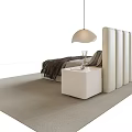 Modern Double Bed With Upholstered Headboard Striped Bedding Nightstand And Pendant Lamp On Area Rug