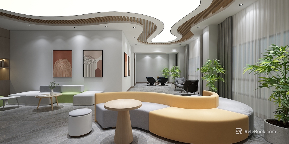 Modern Leisure Area Interior With Curved Sofa Round Coffee Table And Green Plants 3d model 