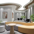 Modern Leisure Area Interior With Curved Sofa Round Coffee Table And Green Plants