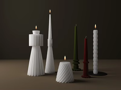 Decorative Ornament Set With Assorted Shaped Candles In White Green Red Colors For Home Decor 3d model