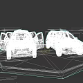 Two White SUVs One With Open Trunk And Another Front View On Warning Striped Platform