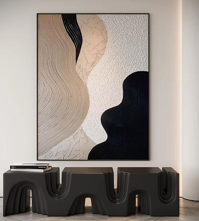 Abstract Painting With Wavy Lines Neutral Tones Marble Texture In Black Frame On White Wall 3d model
