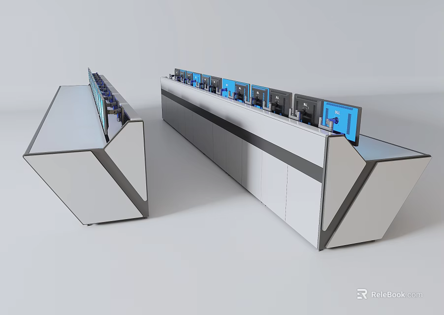 Modern Control Console With White Surface Black Accents And Multiple Blue Screens 3d model