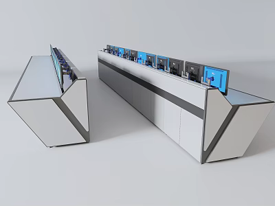 Modern Control Console With White Surface Black Accents And Multiple Blue Screens 3d model