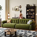 Green Velvet Double Sofa With Pillows In Living Room With Bookshelf And Wall Art