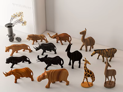 Wooden Animal Dolls Collection With Various Shapes Like Lion Elephant Giraffe For Kids Play 3d model