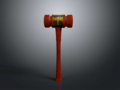 Wooden Gavel With Red Head Handle And Gold Decorative Band On Gray Background 3d model