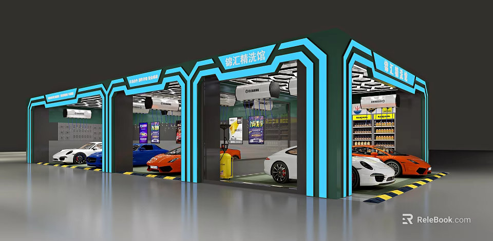 Car Dealership Car Detailing Workshop With Multiple Bays And Parked Colorful Cars 3d model 