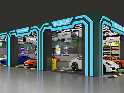 Car Dealership Car Detailing Workshop With Multiple Bays And Parked Colorful Cars 3d model