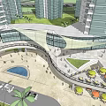 Modern Commercial Complex with High Rise Buildings Overpass Plaza Greenery and Vehicles