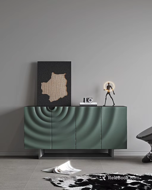 Green Wavy Entryway Console Cabinet with Decorative Figurine and Ring Light 3d model