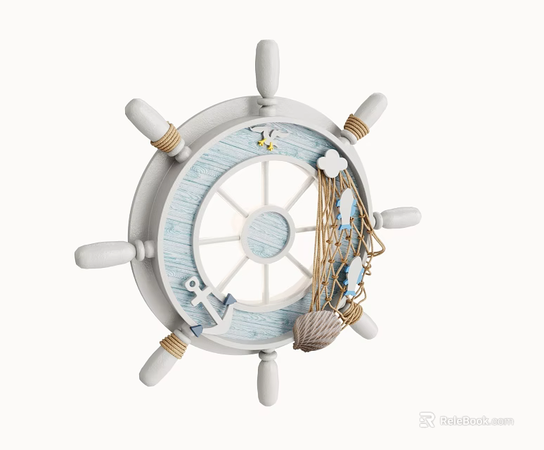 Nautical Themed Ship Wheel Wall Decor With White Blue Accents Anchor Seashell And Rope 3d model 