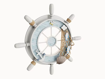 Nautical Themed Ship Wheel Wall Decor With White Blue Accents Anchor Seashell And Rope 3d model