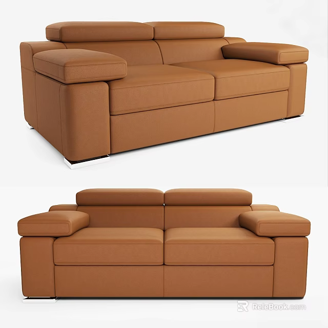 Modern Brown Leather Double Sofa With Comfortable Seats And Armrests 3d model