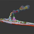 Detailed Battleship Watercraft Model With White Orange Hull And Smoke Emission