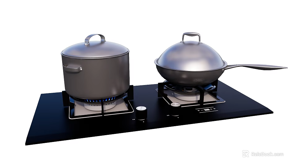 Black Gas Stove With Covered Pot Wok And Blue Flame Kitchen Appliances 3d model 